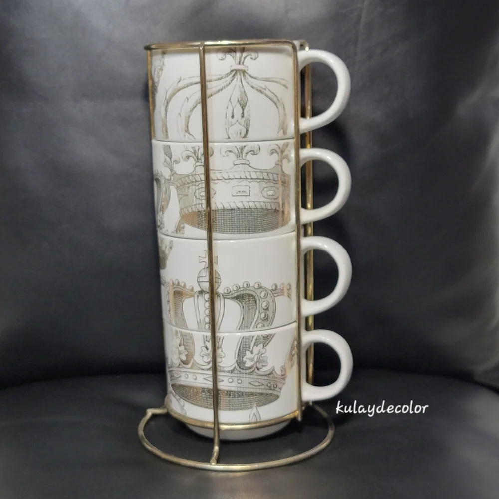 Pier 1 Imports Gold Crown Print Stacking Mugs Set w/ Gold Metal Rack Coffee Cups